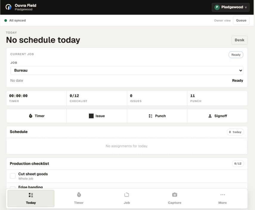 Ouvra Field app with timer, checklist, punch list, and schedule tools