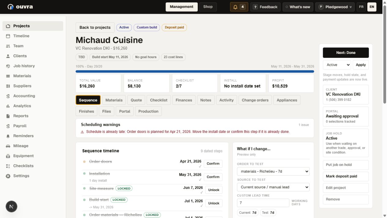 Ouvra job sequence screen with scheduling warnings and order deadlines