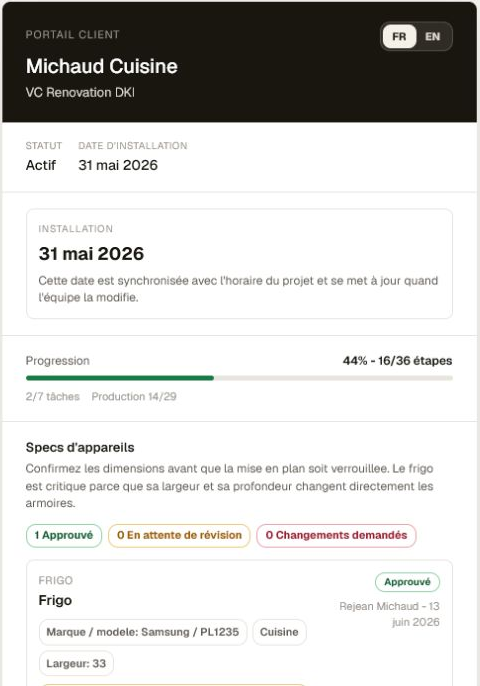 Ouvra client portal showing project progress and appliance approvals